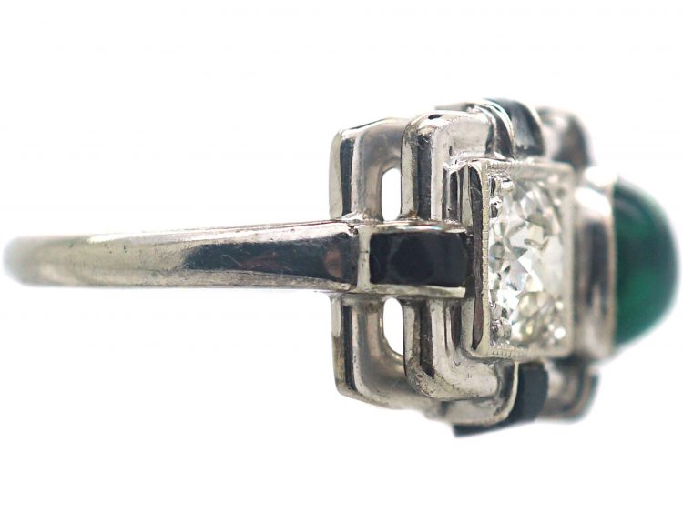 Art Deco 14ct White Gold, Cabochon Emerald , Onyx & Diamond Geometric Ring