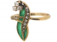 Art Nouveau 18ct Gold Lily of the Valley Ring with Plique a Jour Enamel & Diamonds