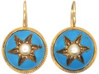Victorian 15ct Gold Round Earrings with Turquoise Blue Enamel & Natural Split Pearls