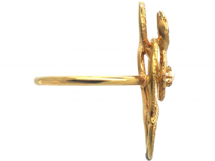 Edwardian 14ct Gold Snake Ring set with Natural Split Pearl & a Ruby