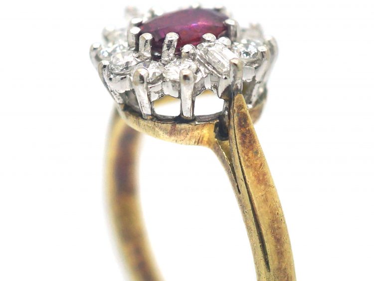 18ct Gold, Ruby & Diamond Cluster Ring with Baguette Diamonds