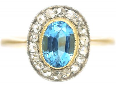 Edwardian 18ct Gold & Platinum, Aquamarine & Rose Diamond Oval Cluster Ring with Millgrain Detail