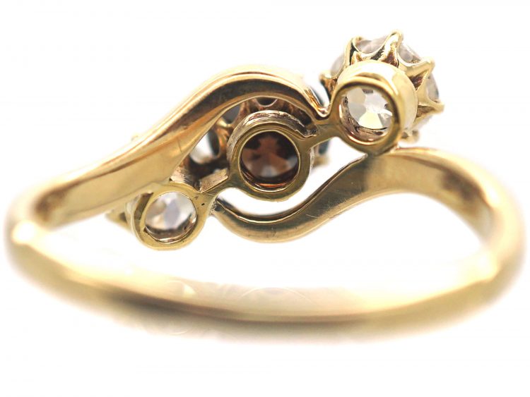 Art Deco Three Stone Cognac & White Diamond Crossover Ring