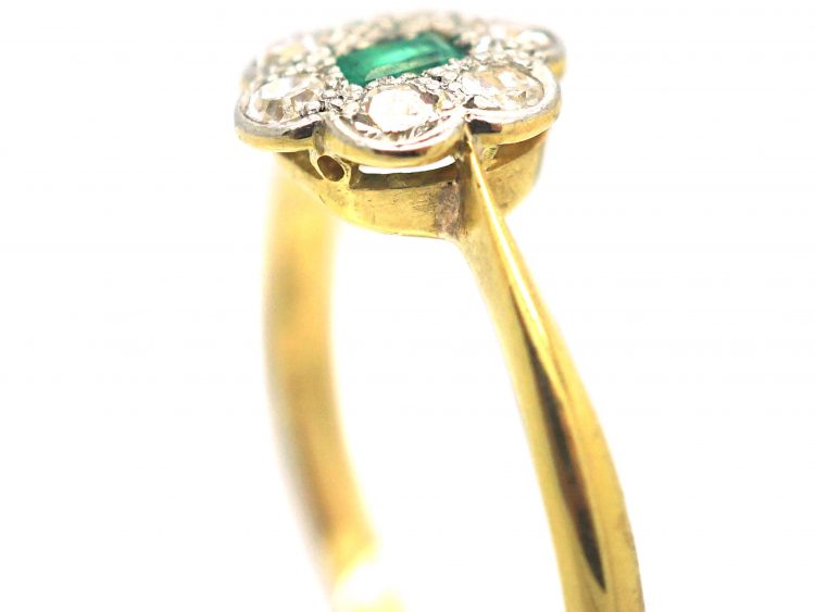 Art Deco 18ct Gold & Platinum, Emerald & Diamond Cluster Ring