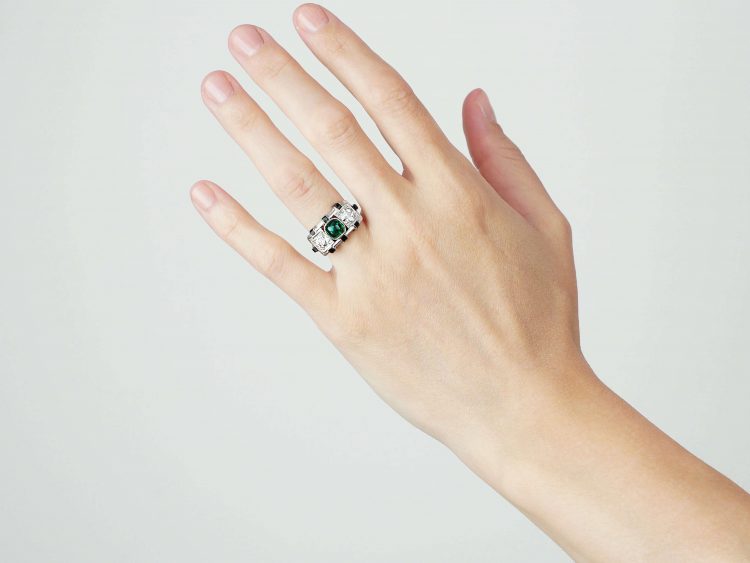 Art Deco 14ct White Gold, Cabochon Emerald , Onyx & Diamond Geometric Ring
