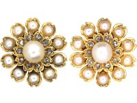 Victorian 15ct Gold Natural Pearl & Rose Diamond Flower Cluster Earrings