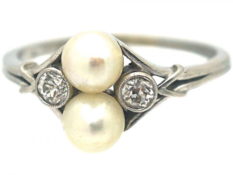 Art Deco Platinum, Natural Pearl & Diamond Ring