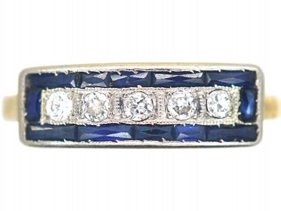 Art Deco 18ct Gold & Platinum, Diamond & Sapphire Rectangular Ring