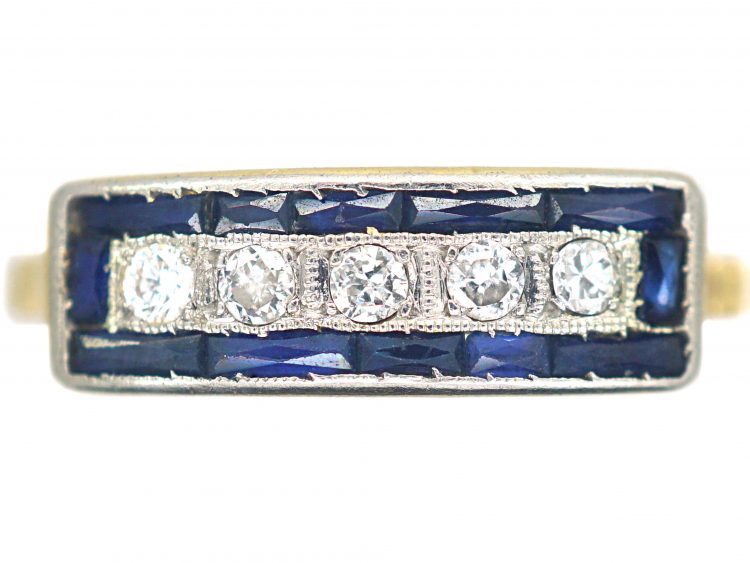 Art Deco 18ct Gold & Platinum, Diamond & Sapphire Rectangular Ring