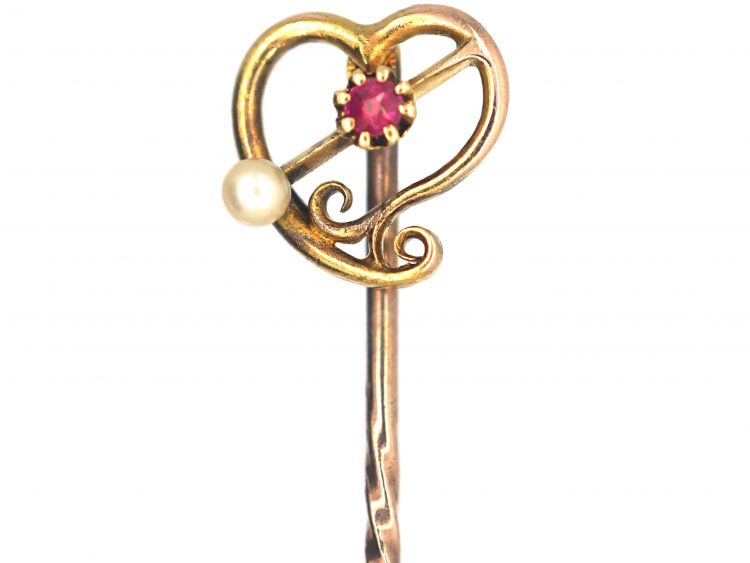 Edwardian 15ct Gold Weeping Heart Tie Pin set with a Ruby & a Natural Pearl