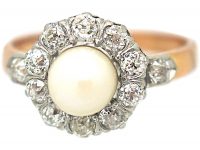 French Belle Epoque 18ct Gold & Platinum Cluster Ring set with a Natural Pearl & Diamonds