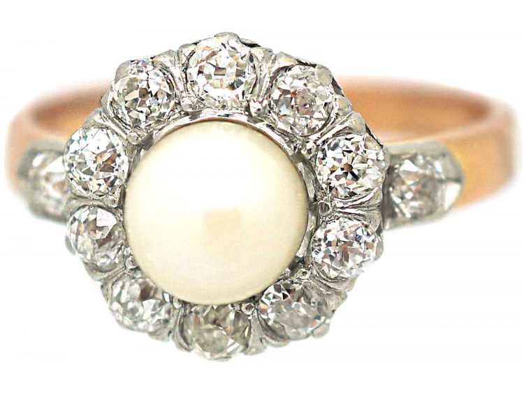 French Belle Epoque 18ct Gold & Platinum Cluster Ring set with a Natural Pearl & Diamonds