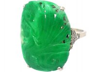 Art Deco French Platinum & Carved Jade Ring of a Peacock