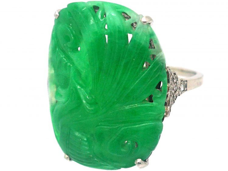 Art Deco French Platinum & Carved Jade Ring of a Peacock