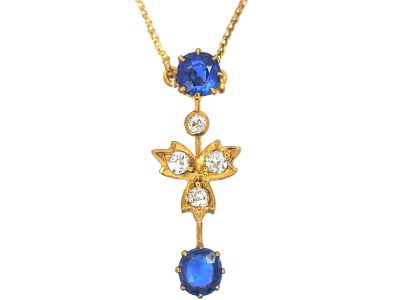 Edwardian 15ct Gold Sapphire & Diamond Pendant on 9ct Gold Chain