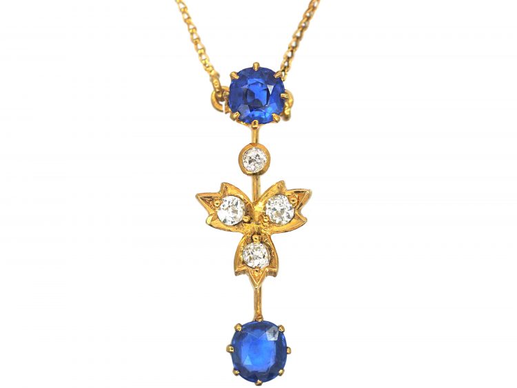 Edwardian 15ct Gold Sapphire & Diamond Pendant on 9ct Gold Chain