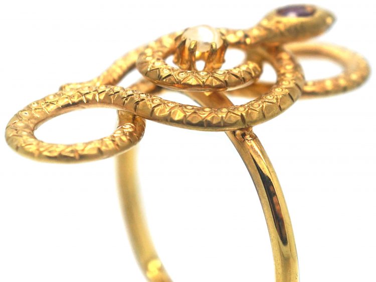 Edwardian 14ct Gold Snake Ring set with Natural Split Pearl & a Ruby