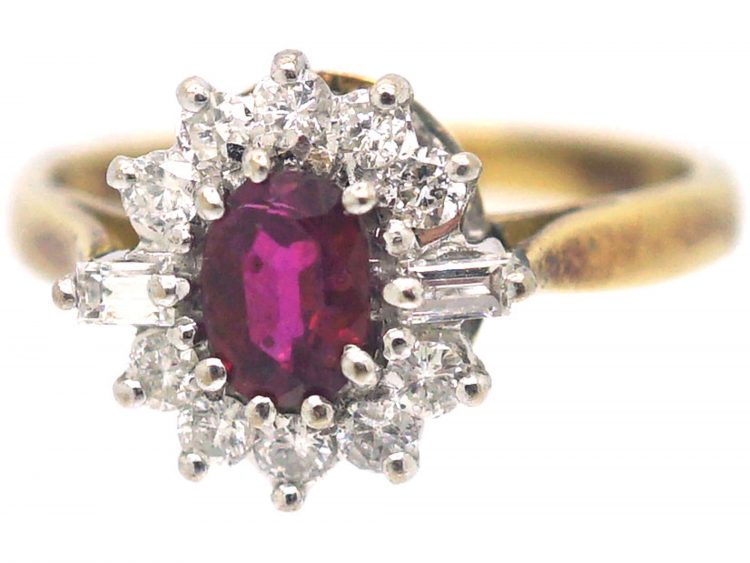 18ct Gold, Ruby & Diamond Cluster Ring with Baguette Diamonds