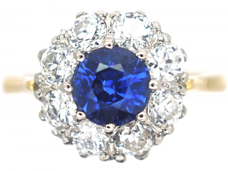 18ct Gold Royal Blue Sapphire & Diamond Cluster Ring