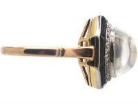 Art Deco 14ct Gold & Platinum, Moonstone, Rose Diamond & Onyx Octagonal Shaped Ring
