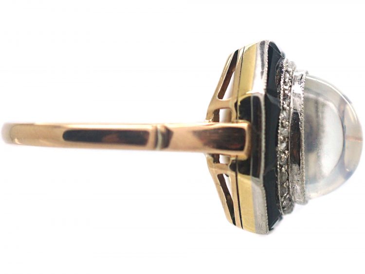 Art Deco 14ct Gold & Platinum, Moonstone, Rose Diamond & Onyx Octagonal Shaped Ring