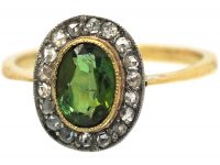 Edwardian 18ct Gold, Green Tourmaline & Rose Diamond Oval Cluster Ring