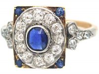 Art Deco 14ct Gold & Platinum, Sapphire & Diamond Rectangular Cluster Ring