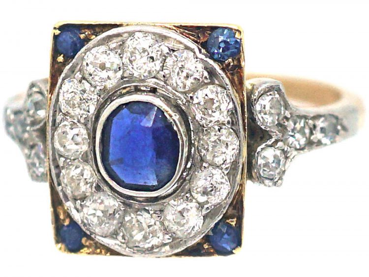 Art Deco 14ct Gold & Platinum, Sapphire & Diamond Rectangular Cluster Ring