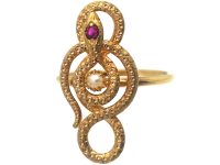 Edwardian 14ct Gold Snake Ring set with Natural Split Pearl & a Ruby