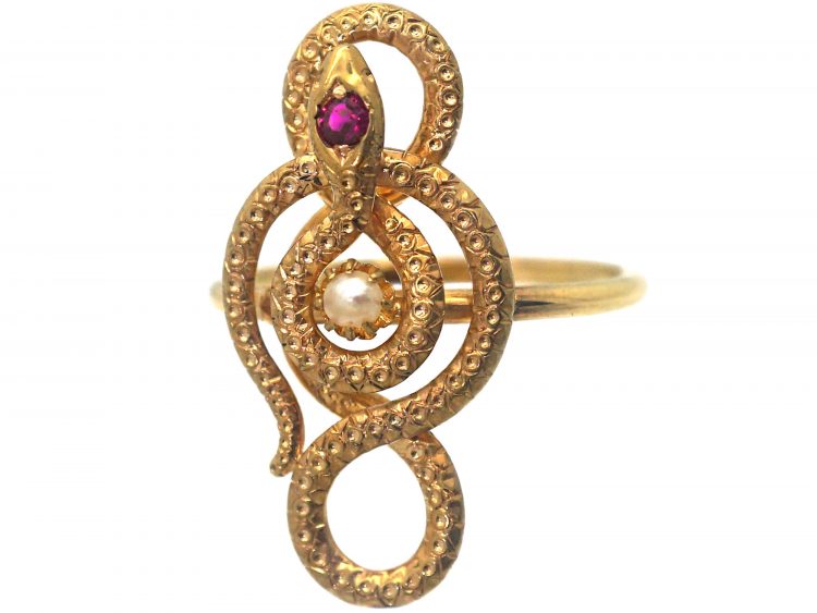 Edwardian 14ct Gold Snake Ring set with Natural Split Pearl & a Ruby