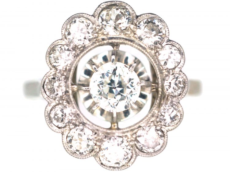 French Art Deco, 18ct White Gold & Diamond Oval Cluster Ring