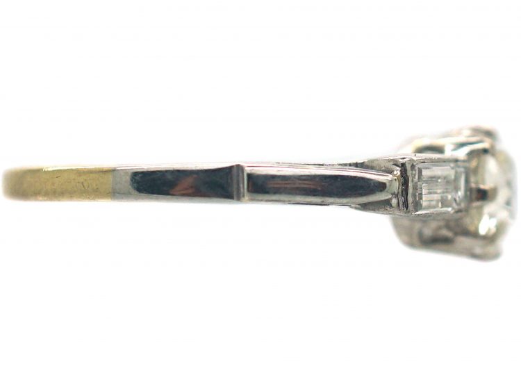Art Deco 18ct Gold & Platinum, Diamond Solitaire Ring with Baguette Diamond Shoulders