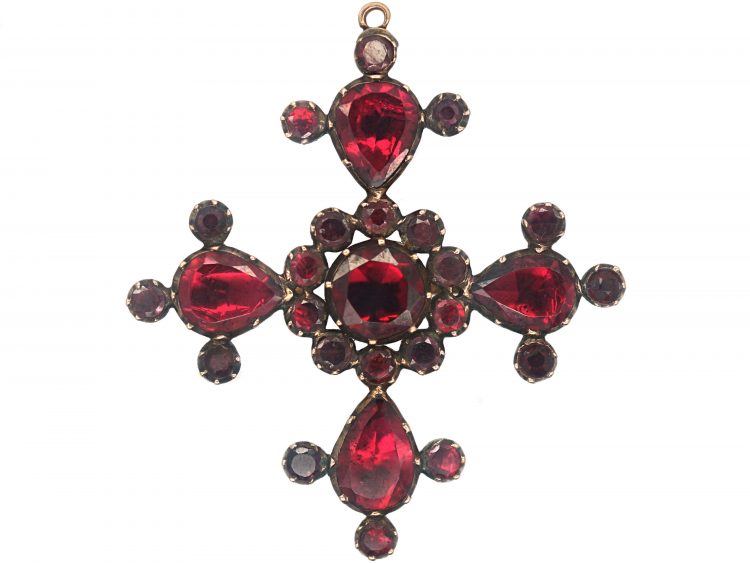 Georgian 9ct Gold, Flat Cut Garnet Cross Brooch