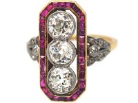 French 18ct Gold & Platinum, Art Deco 18ct Gold & Platinum, Ruby & Diamond Rectangular Ring