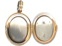 French 18ct Gold & Platinum Oval Shaped Locket set with Natural Split Pearls & Rose Diamonds