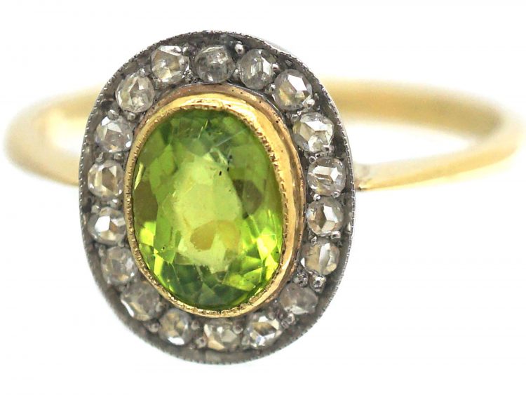Edwardian 18ct Gold, Rose Diamond & Peridot Oval Cluster Ring