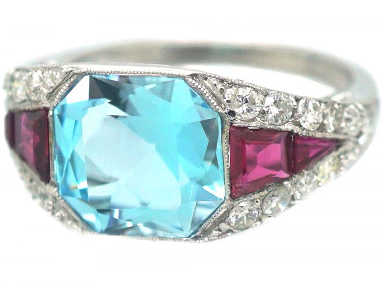 French Art Deco Platinum, Diamond, Aquamarine & Ruby Ring