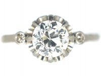 French Art Deco, Platinum & Diamond Solitaire Ring with Diamond Set Shoulders