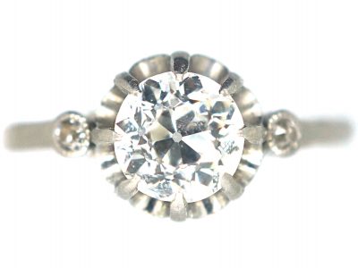 French Art Deco, Platinum & Diamond Solitaire Ring with Diamond Set Shoulders