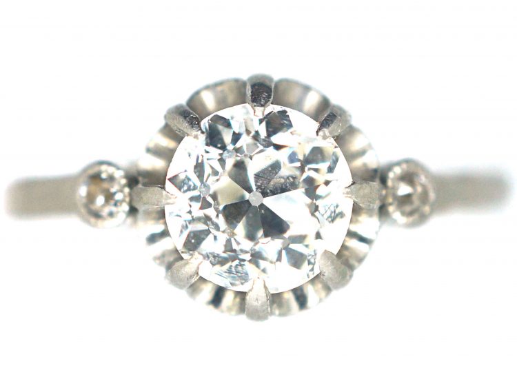 French Art Deco, Platinum & Diamond Solitaire Ring with Diamond Set Shoulders