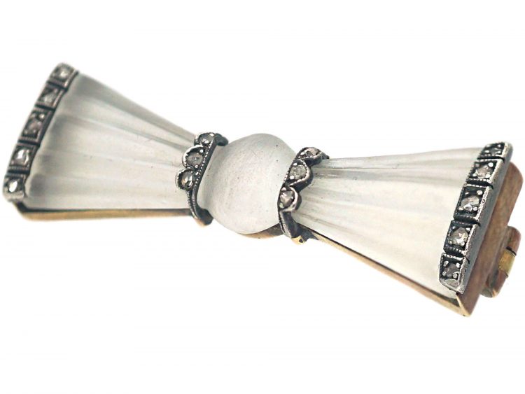 Austrian Art Deco 14ct Gold & Silver, Rock Crystal & Rose Diamond Bow Brooch