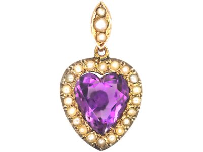 Edwardian 9ct Gold, Amethyst & Natural Split Pearl Heart Shaped Pendant