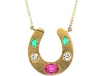 Victorian 18ct Gold & Gem Set Horseshoe Pendant on Gold Chain