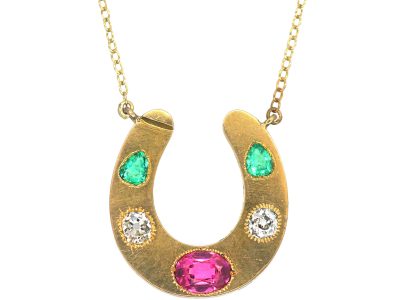 Victorian 18ct Gold & Gem Set Horseshoe Pendant on Gold Chain