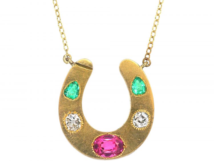 Victorian 18ct Gold & Gem Set Horseshoe Pendant on Gold Chain
