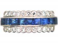 Art Deco Platinum Sapphire & Diamond Three Row Ring