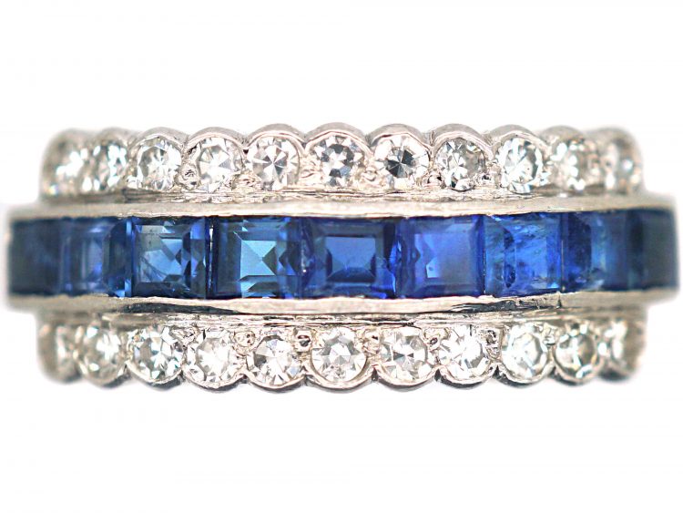 Art Deco Platinum Sapphire & Diamond Three Row Ring