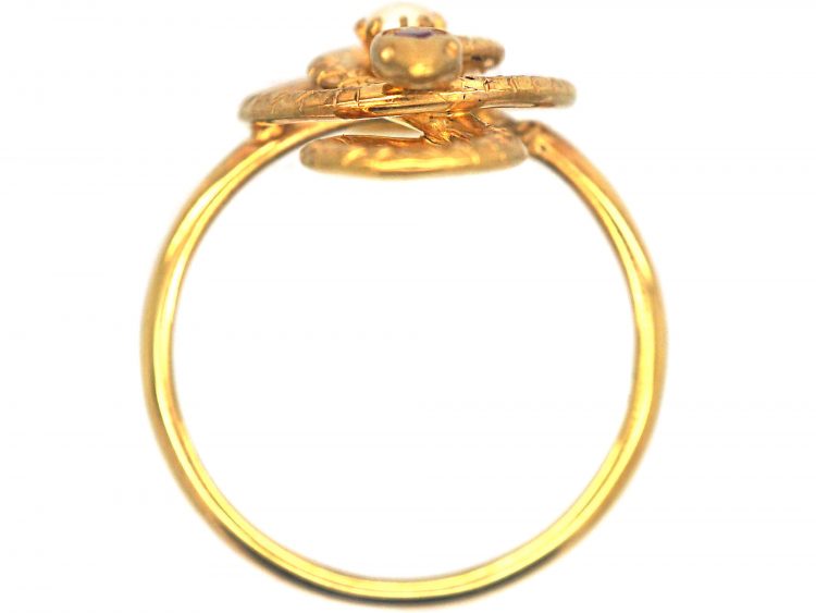 Edwardian 14ct Gold Snake Ring set with Natural Split Pearl & a Ruby