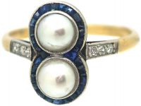 Art Deco 18ct Gold & Platinum, Natural Pearl, Sapphire & Diamond Ring