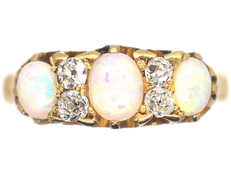 Victorian 18ct Gold, Three Stone Opal & Diamond Ring